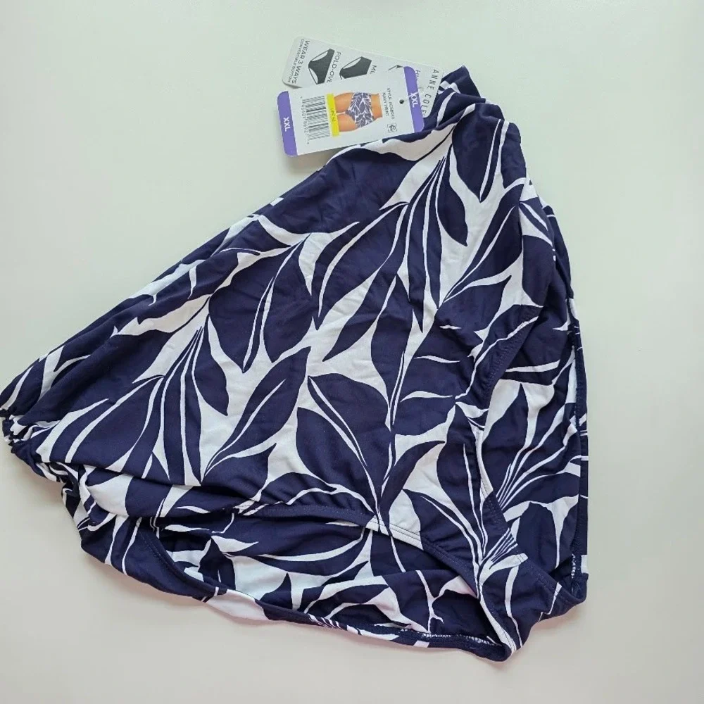 Anne Cole Bikini Bottoms Womens XXL Navy White Leaf Print High Waist Swim NWT